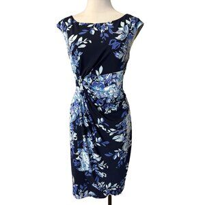 Connected Dress 12 Blue White Floral Stretch Sheath Sleeveless Washable NEW